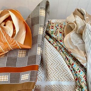 5 Scarves in Beige, Tan, Brown, Orange. Silk, Poly. Various Sizes. Head Squares